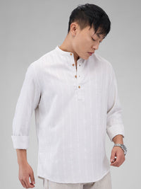 VASTRADO Woven Design Mandarin Collar Thread Work Cotton Straight Kurta