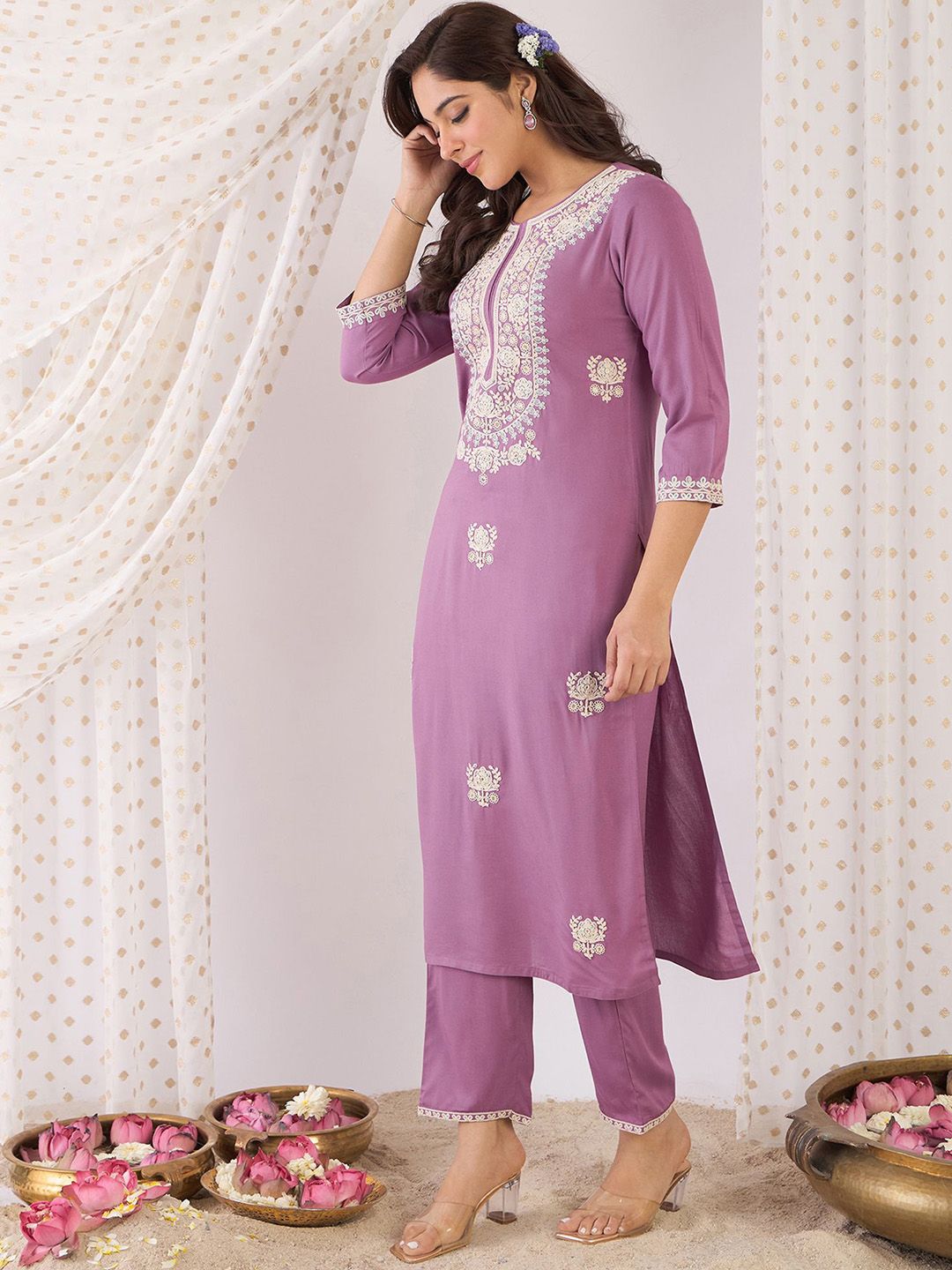 Indo Era Floral Embroidered Round Neck Straight Tunic With Trouser