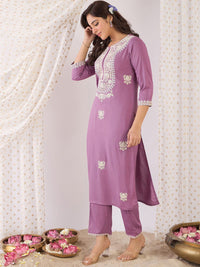 Indo Era Floral Embroidered Round Neck Straight Tunic With Trouser