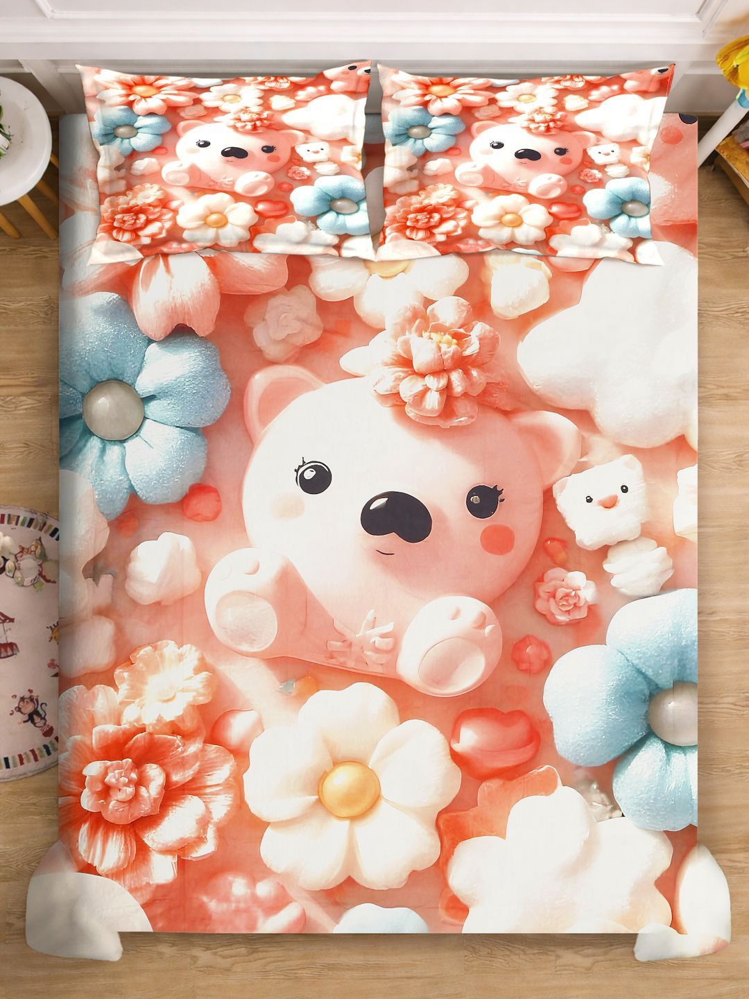 KLOTTHE Orange Cartoon Printed Fitted 400 TC Double King 7D Bedsheet With 2 Pillow Cover