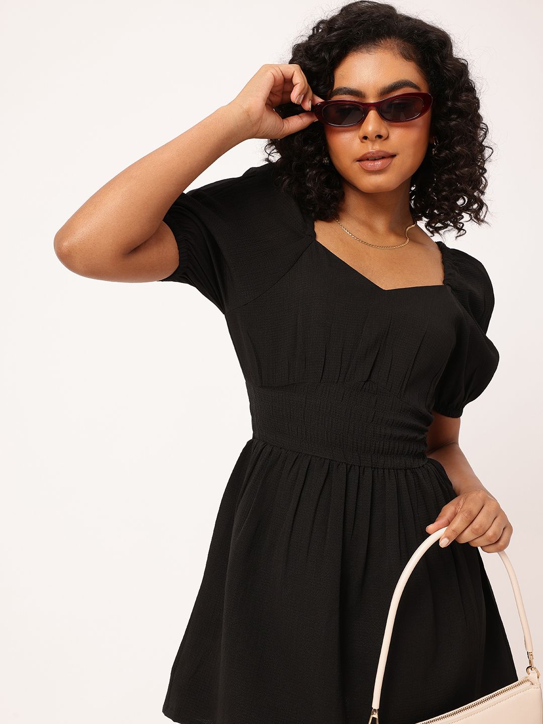 DressBerry Goth Kawaii Seersucker Cinched Waist Fit and Flare Mini Dress