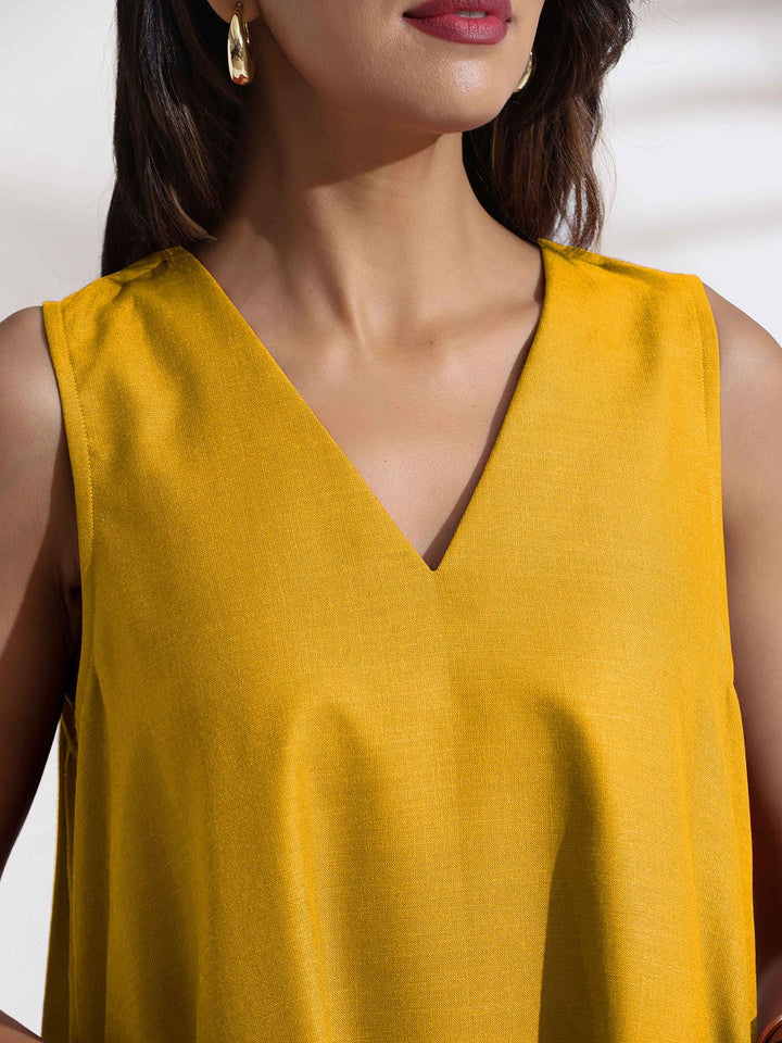 trueBrowns Women A-Line Mustard Cotton Blend Short Dress