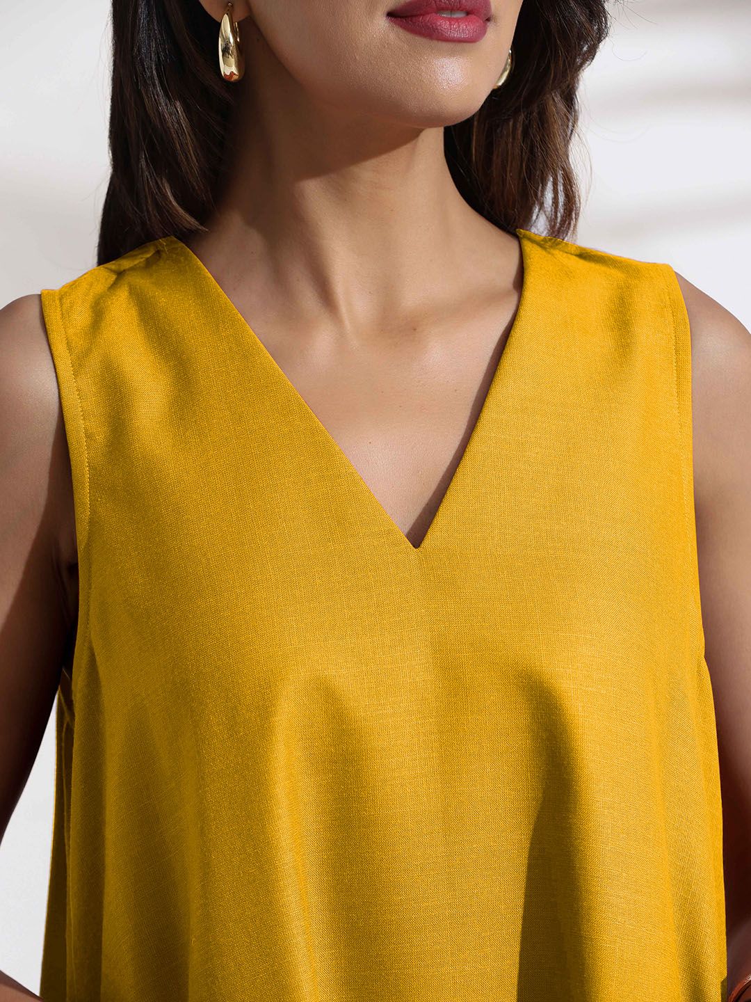 trueBrowns Women A-Line Mustard Cotton Blend Short Dress