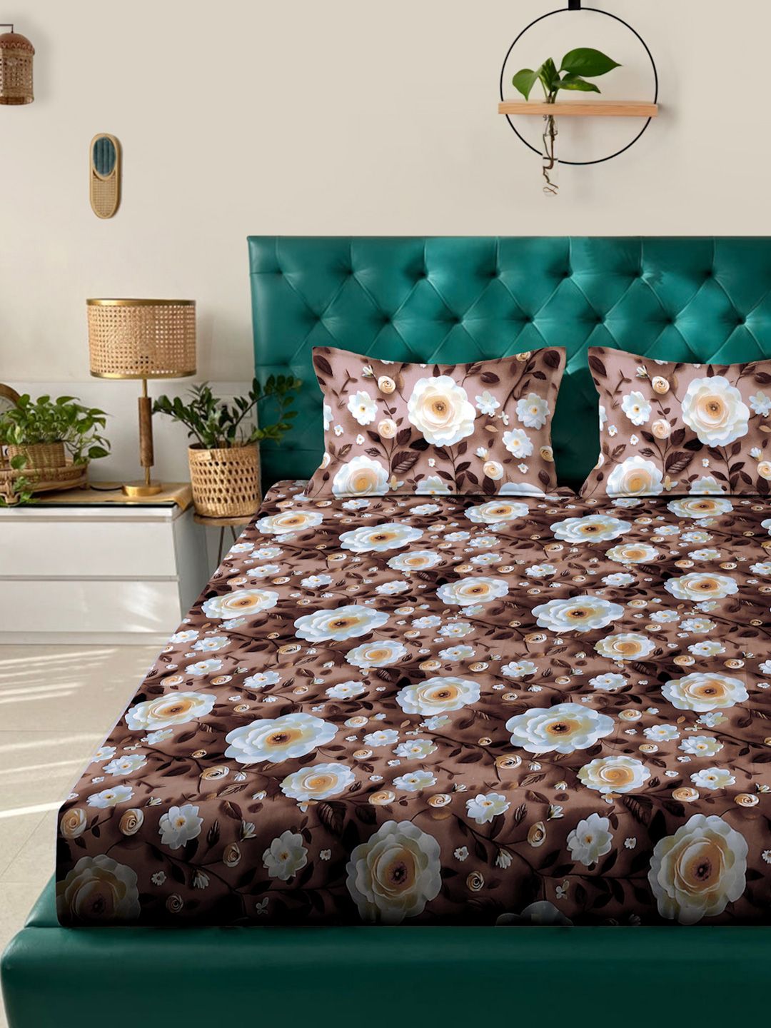 KLOTTHE Brown Floral Fitted 300TC King Superfine 7D Bedsheet & 2 Pillow Covers-2.50mx2.25m