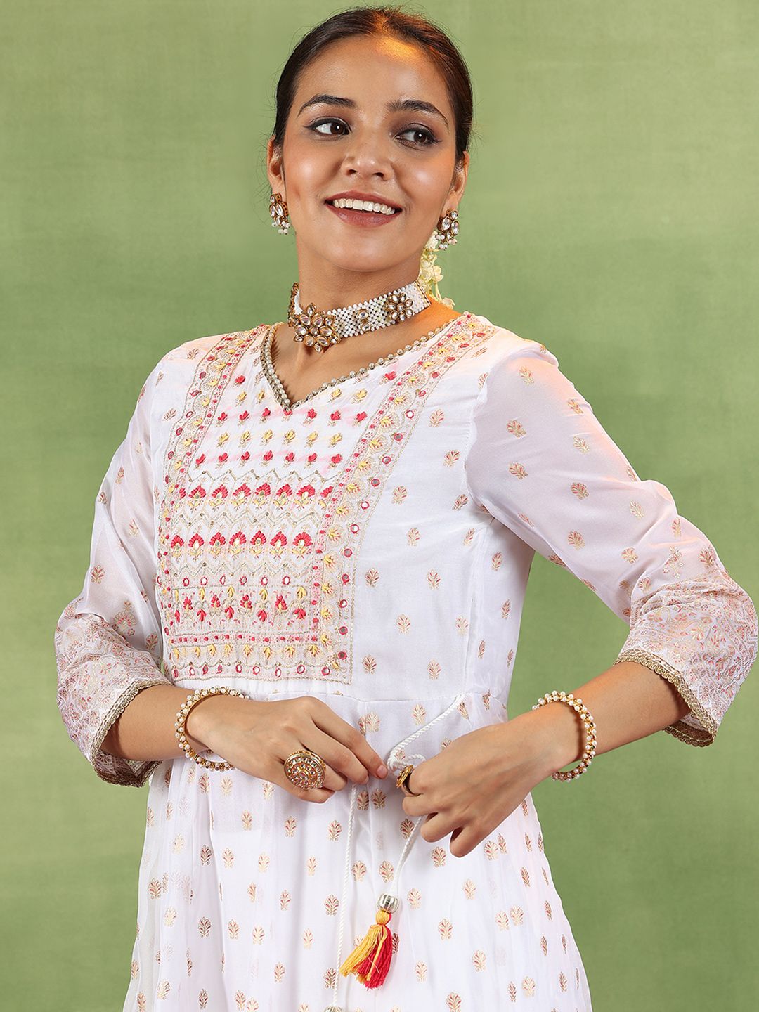 Libas Floral Embroidered Mirror Work Anarkali Kurta With Trousers & Dupatta