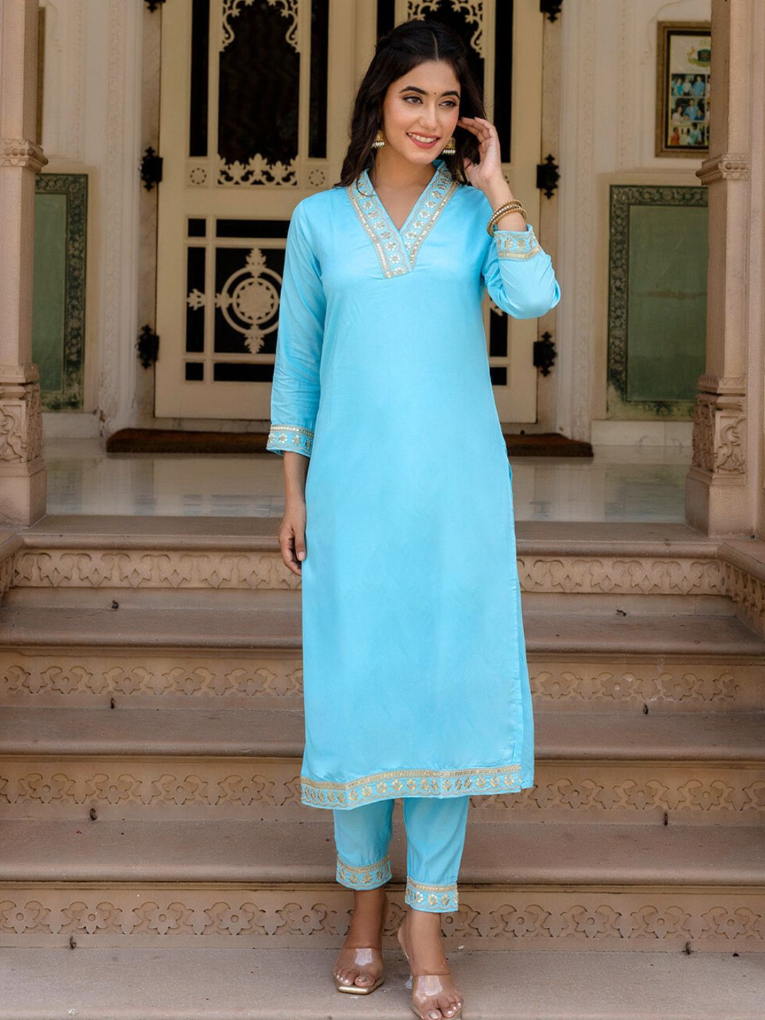KALINI Floral Yoke Design Kurta With Trousers & Dupatta