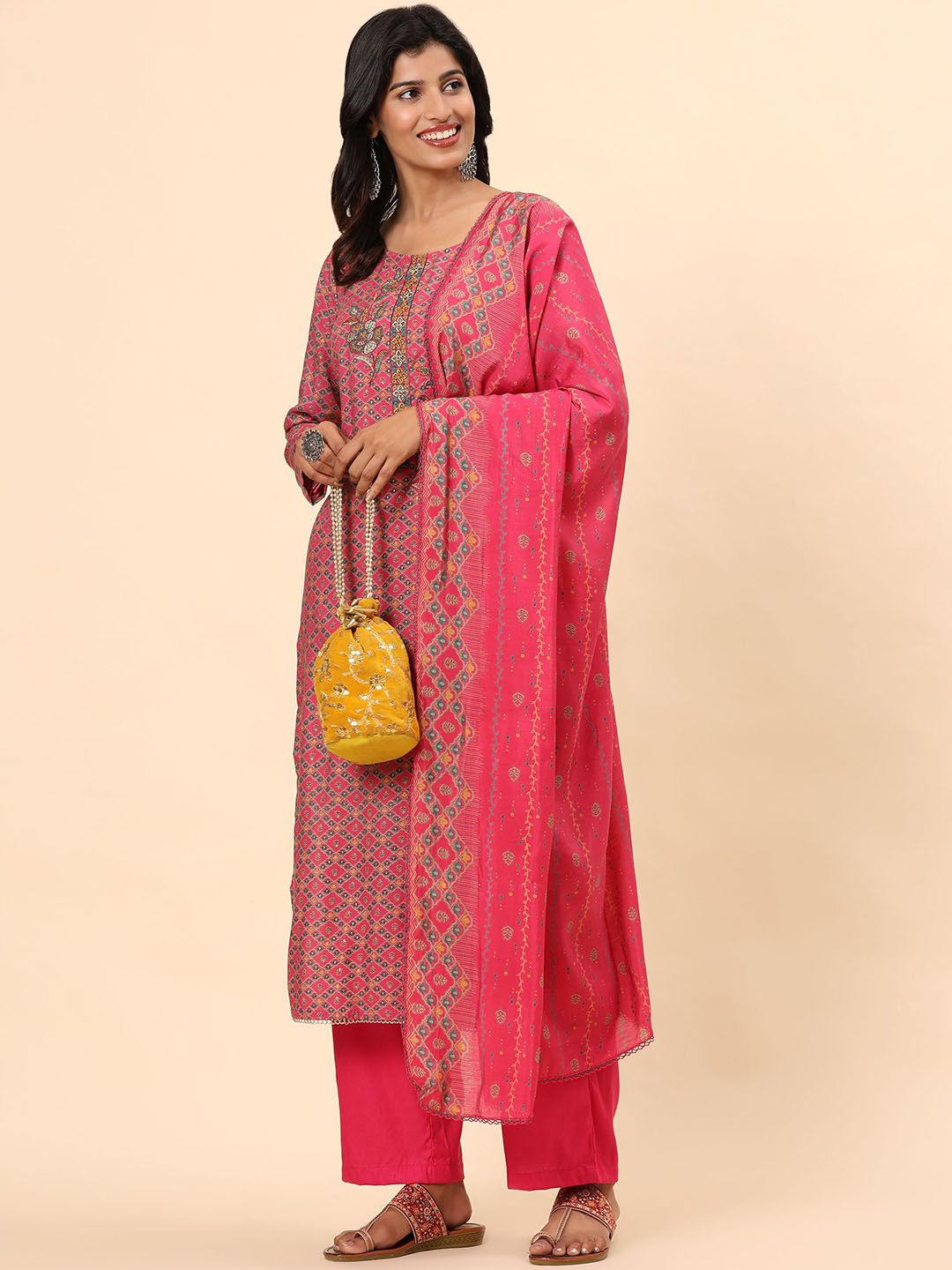 Mamicha Women Ethnic Motifs Printed Regular Pure Cotton Kurta with Trousers & With Dupatta