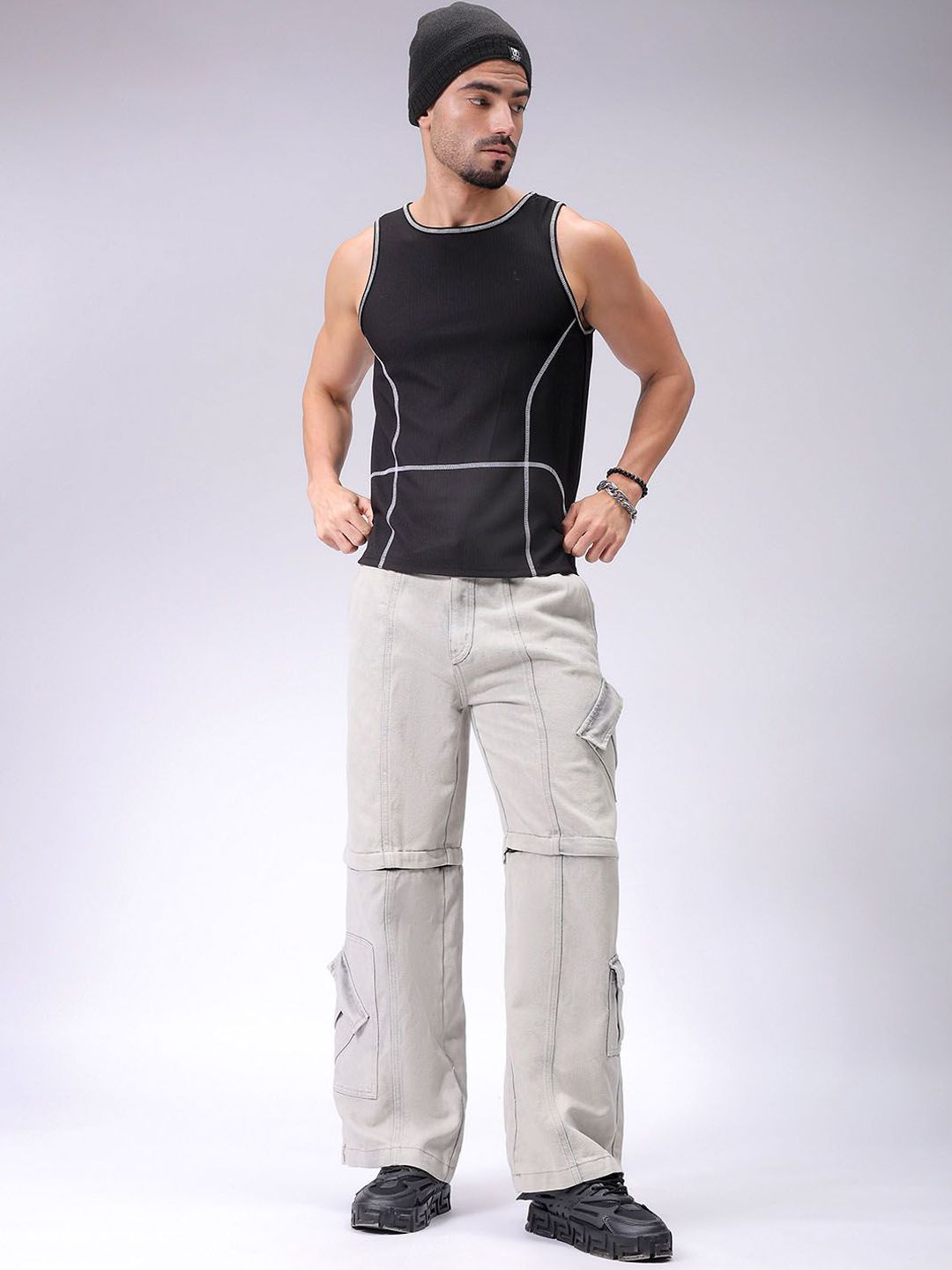 Garage Co India Mid Rise Rise Clean kelihatan lebar kaki santai seluar jeans kargo sesuai