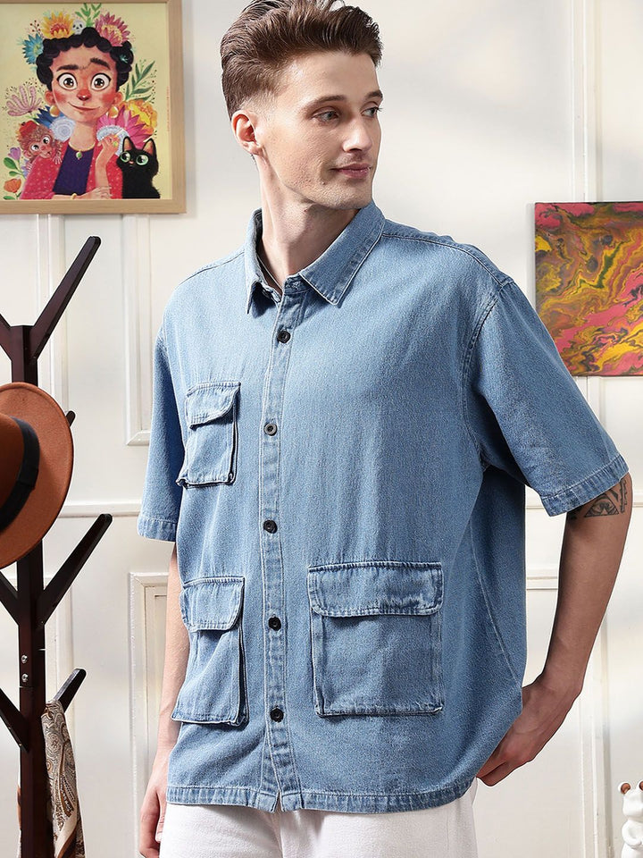 Eszett Embroidery Spread Collar Denim Ice Utility Oversized Shirt