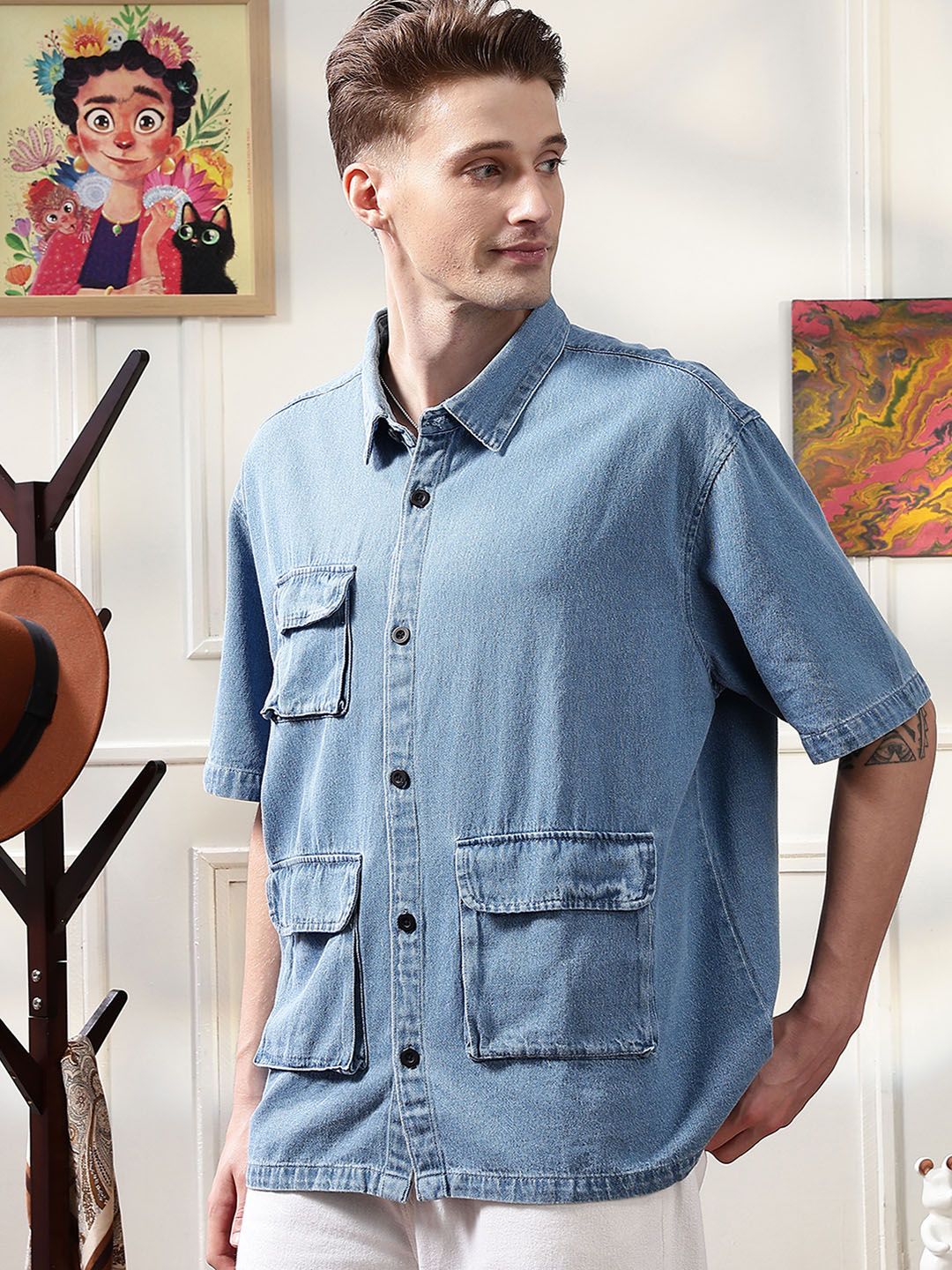 Eszett Embroidery Spread Collar Denim Ice Utility Oversized Shirt