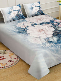 KLOTTHE White & Blue Floral Printed Flat 300 TC King Fine Bedsheet With 2 Pillow Cover