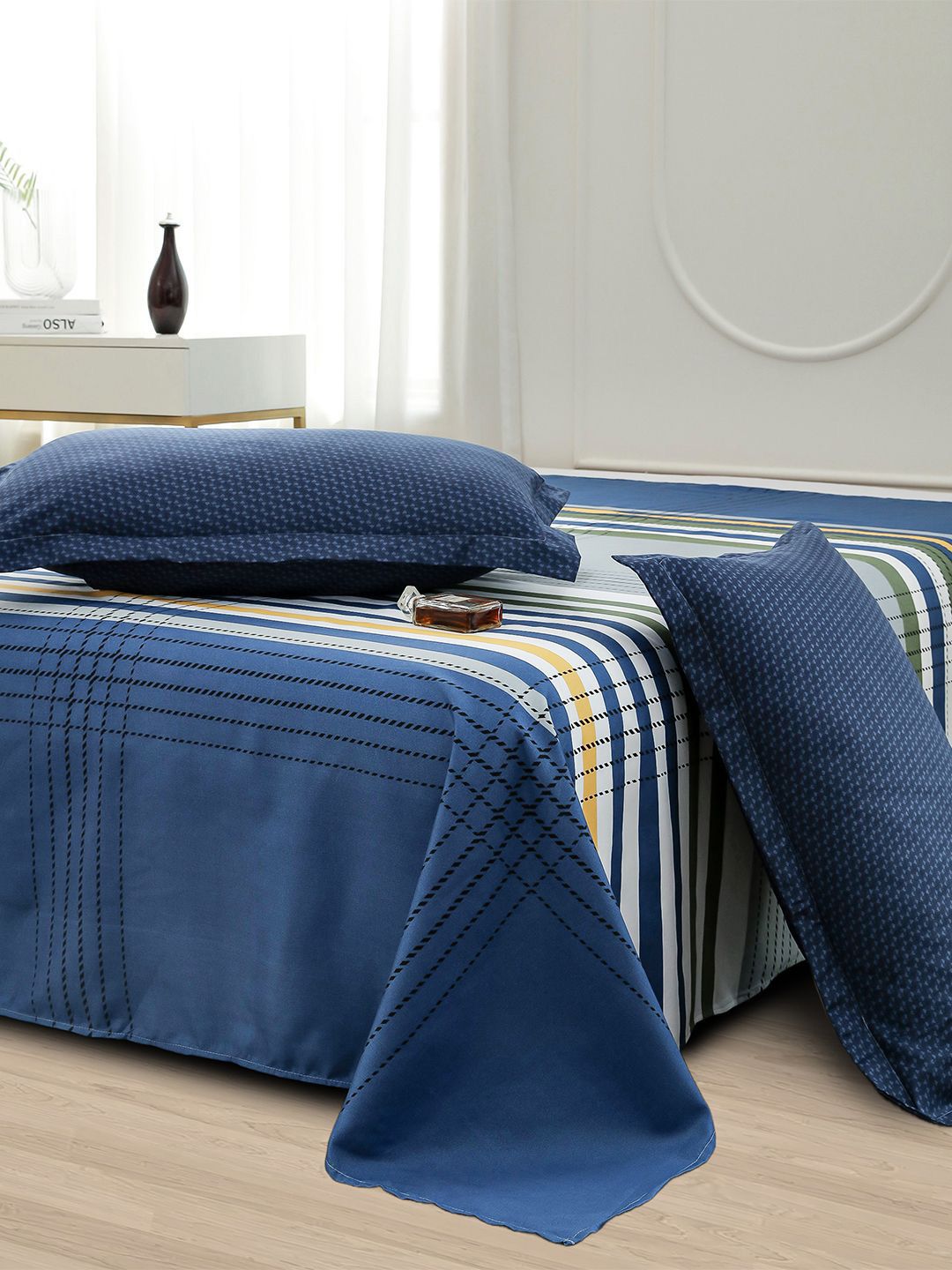 Story@home Blue & White Striped 240 TC Satin Finish Queen Bedsheet Set