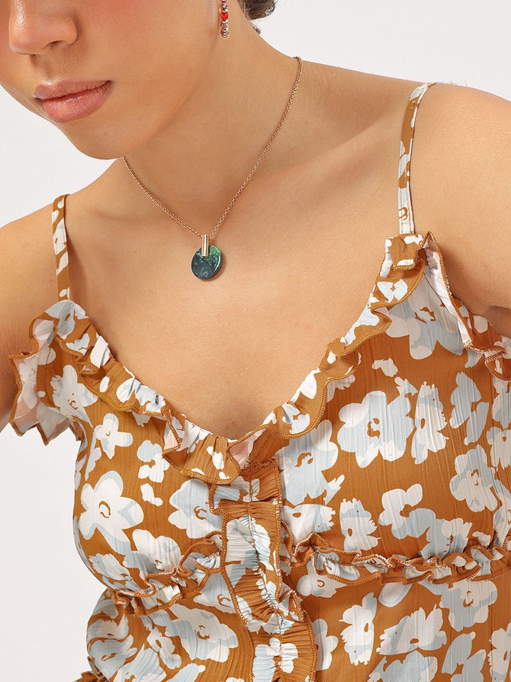 DressBerry Blooming Bold Strappy Floral Print Ruffled Top