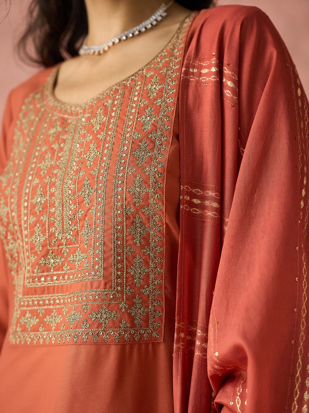 KALINI Ethnic Motifs Yoke Design Sequinned Kurta with Trousers & Dupatta