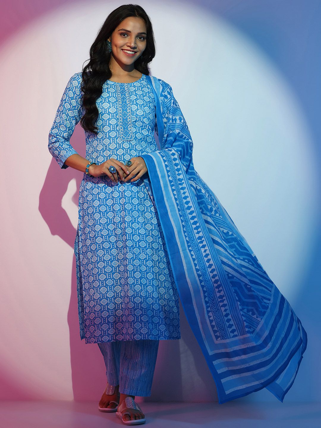 Libas Ethnic Motifs Printed Thread Work Pure Cotton Straight Kurta With Trousers & Dupatta