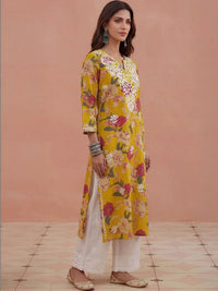 House of Chikankari Women Floral Printed Thread Work Floral Kurta