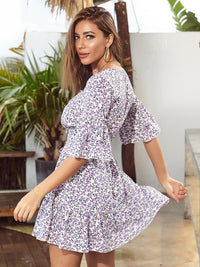 DressBerry Floral Print Flared Sleeve Belted A-Line Dress