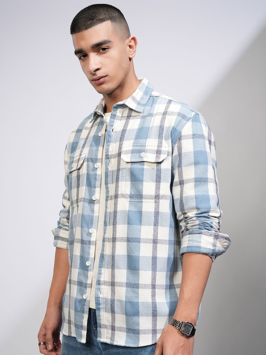 HIGHLANDER Men Relaxed Fit Spread Collar Tartan Checked Cotton Casual Shirt