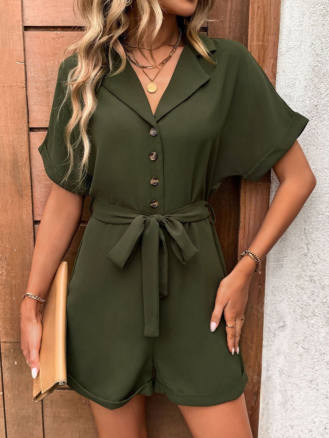 DressBerry Lapel Collar Belted Playsuit