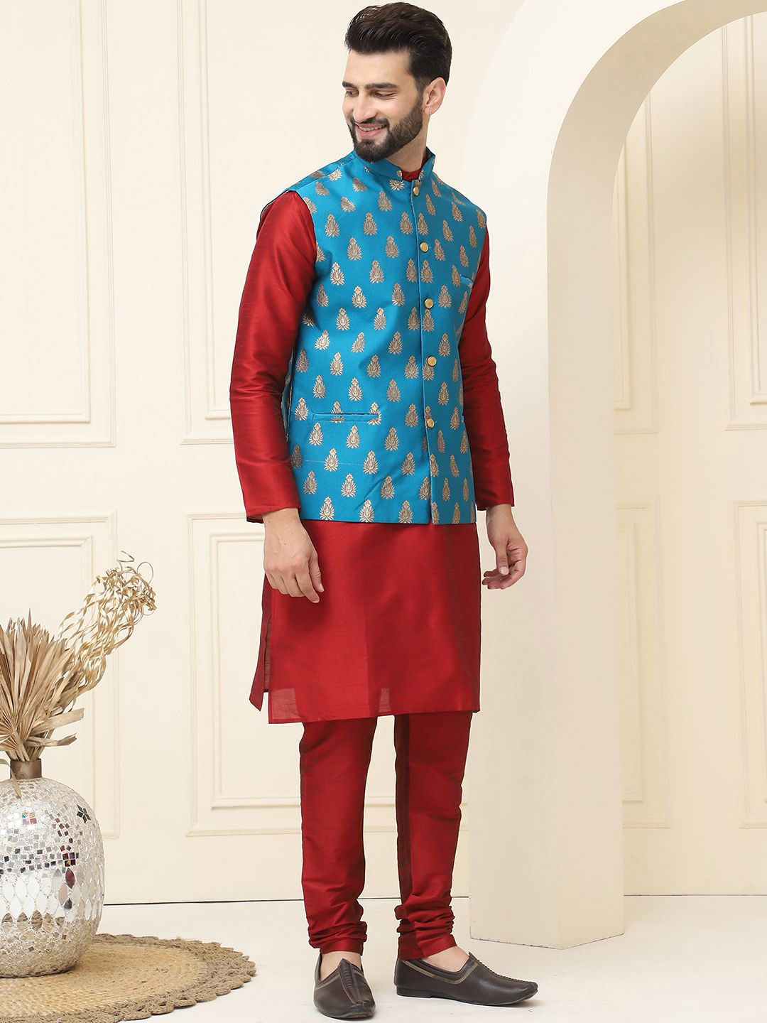 SOJANYA Mandarin Collar Silk Cotton Kurta With Churidar & Woven Design Nehru Jacket