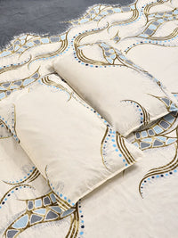 KLOTTHE Warna Krim Bercetak Biru 300 TC Cadar Katil Double & 2 Sarung Bantal- 2.5 m x 2.25 m