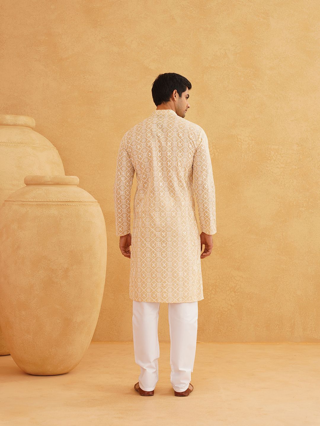 SOJANYA Floral Embroidered Sequinned Band Collar Pure Cotton Kurta With Churidar