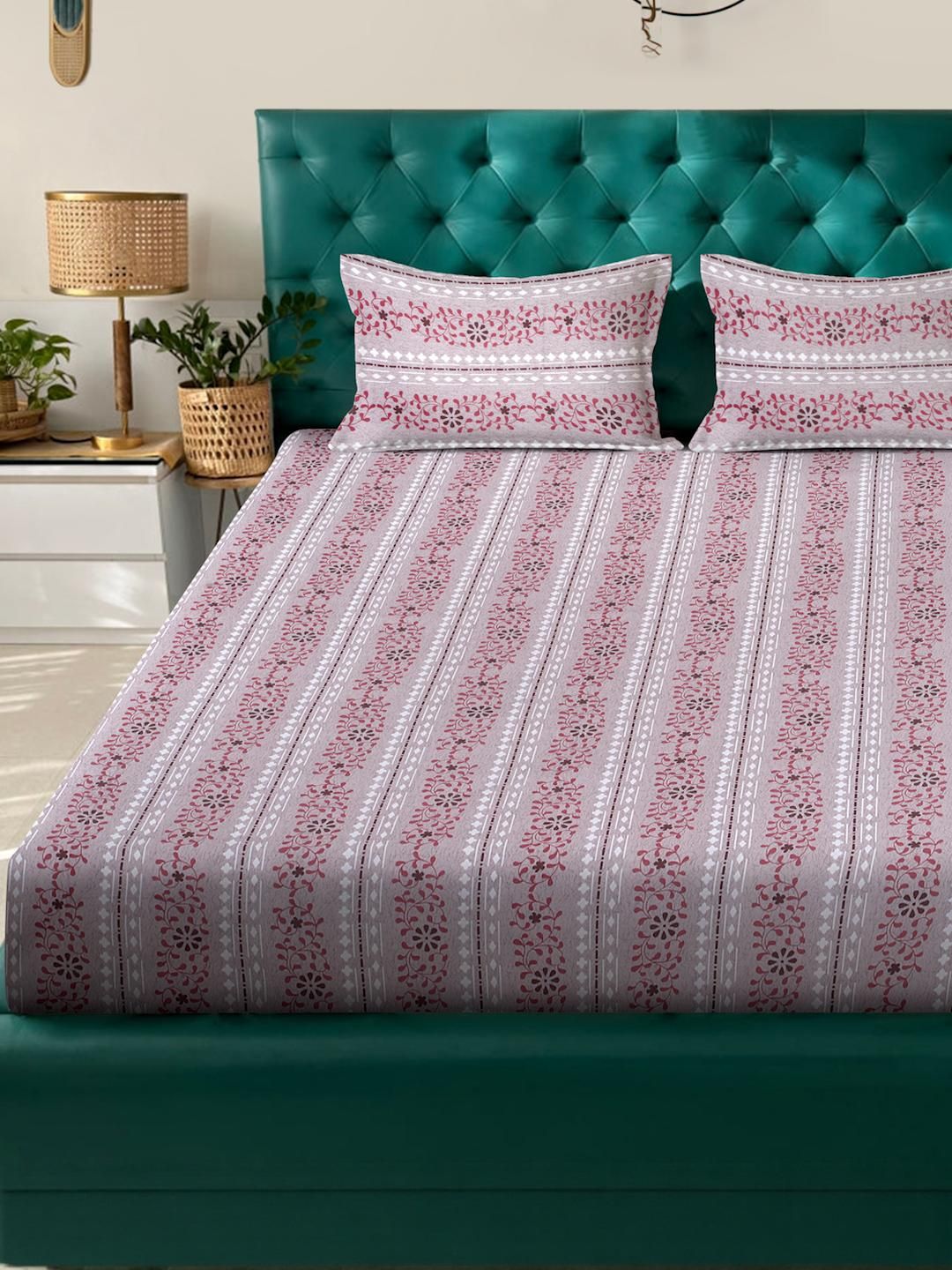 KLOTTHE Pink Floral Printed Dilengkapi 400 TC Kapas Cadar King & 2 Sarung Bantal
