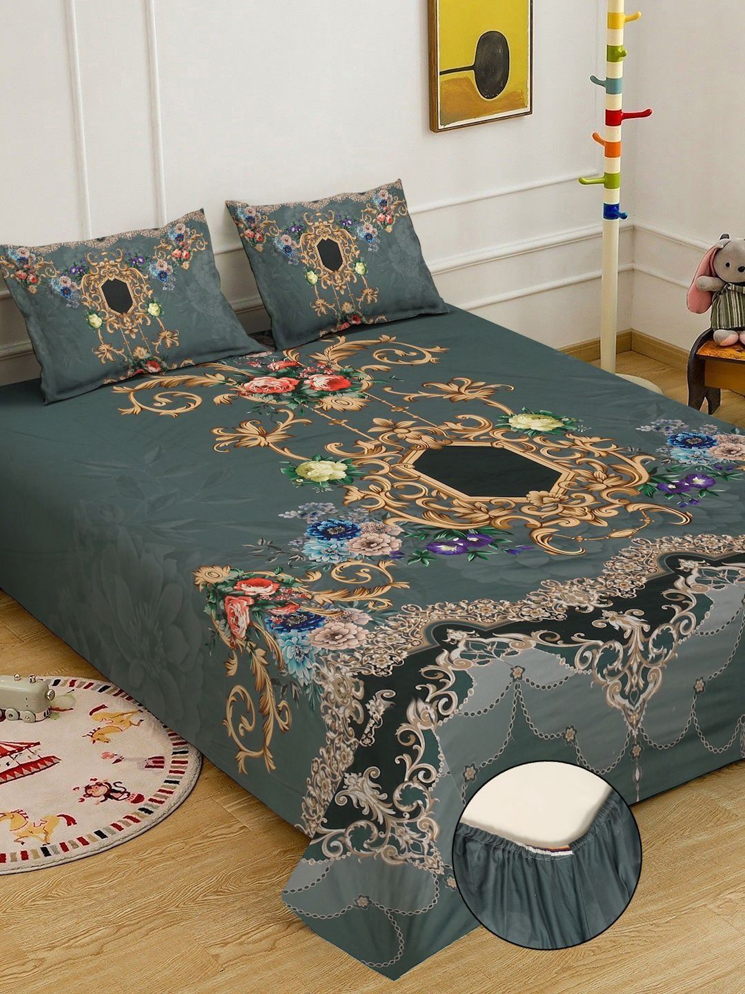 Myntra Elegant Homes Motif Etnik Hijau 300 TC Cadar King dengan 2 Sarung Bantal