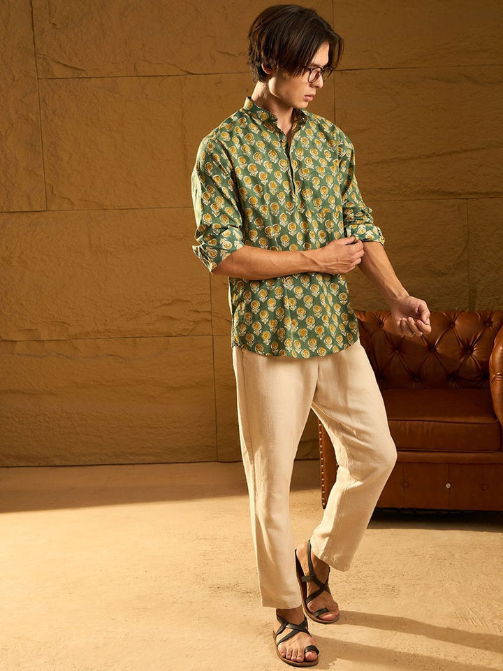Dennison Floral Block dicetak kapas kolar mandarin pendek kurta pendek