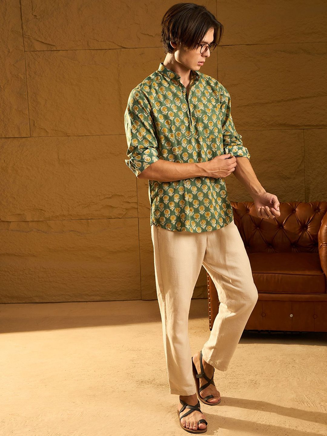 Dennison Floral Block dicetak kapas kolar mandarin pendek kurta pendek