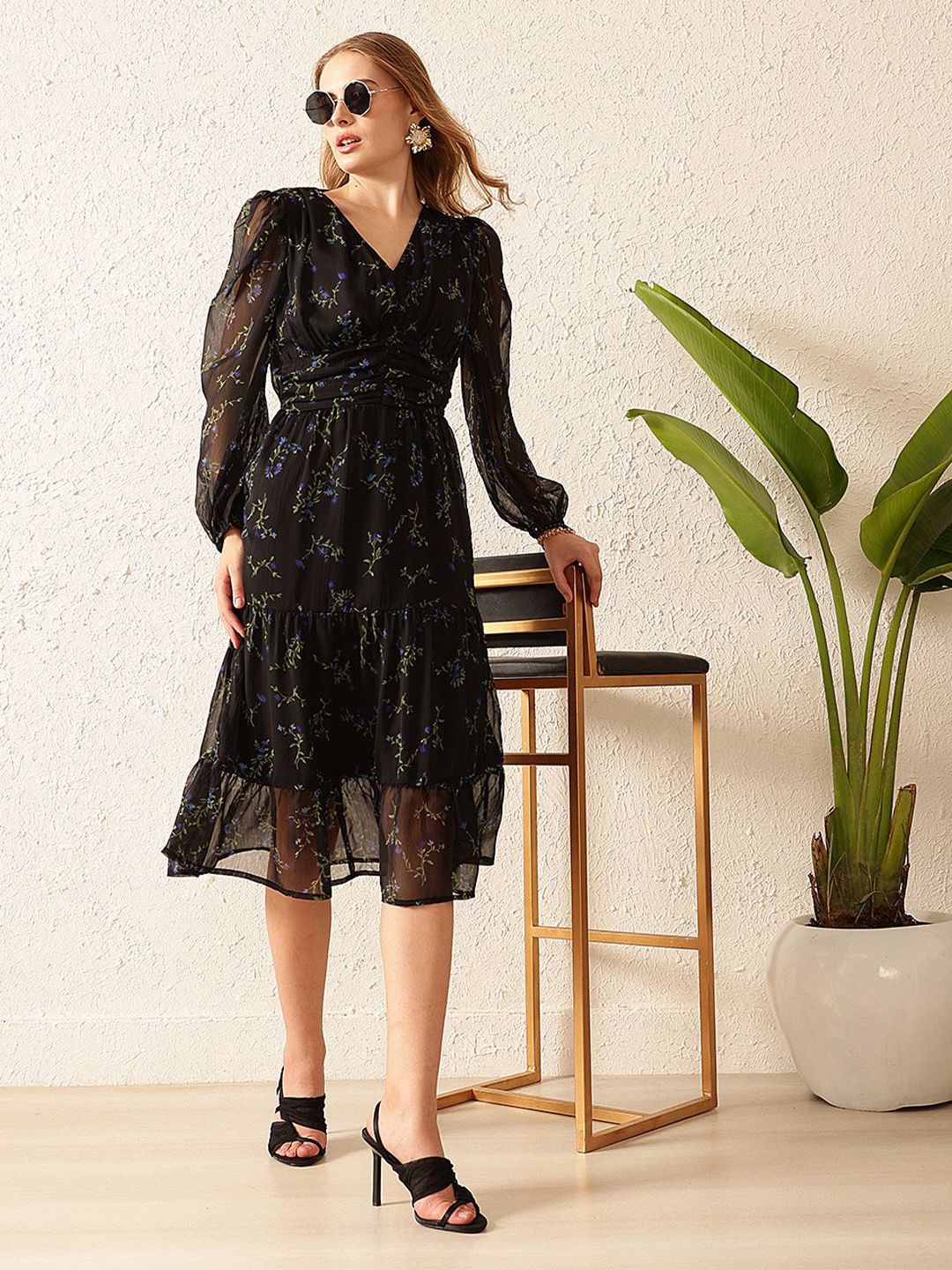 STREET 9 Floral Printed Puff Sleeves A-Line Midi Dress