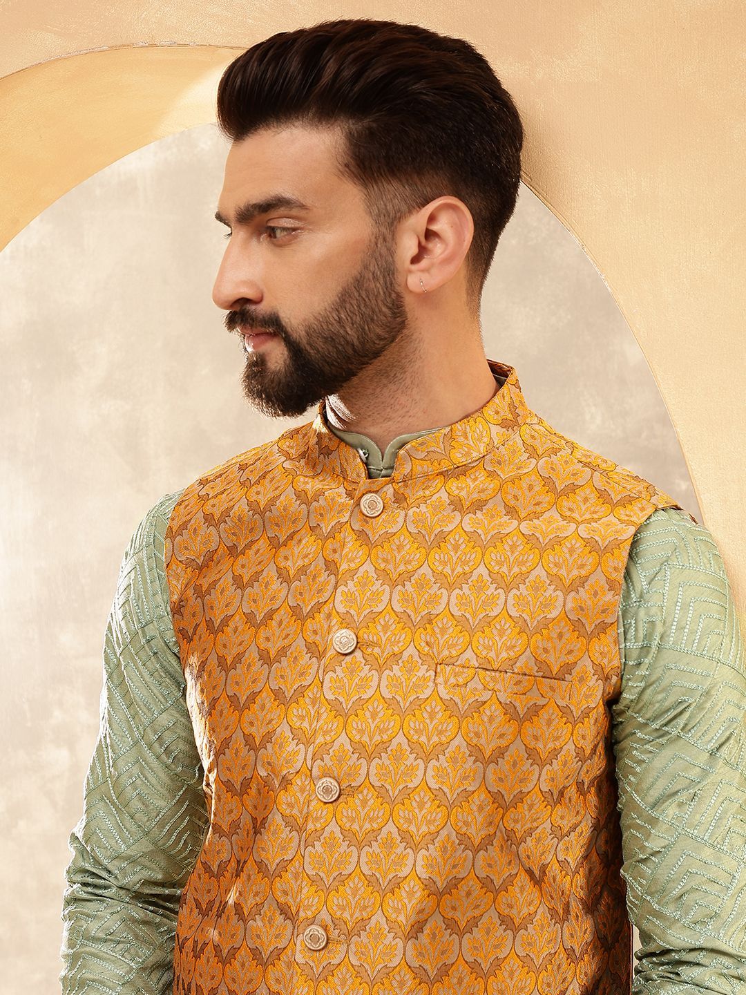 Anouk Olive Geometric Embroidered Straight Kurta With Pyjamas And Nehru Jacket