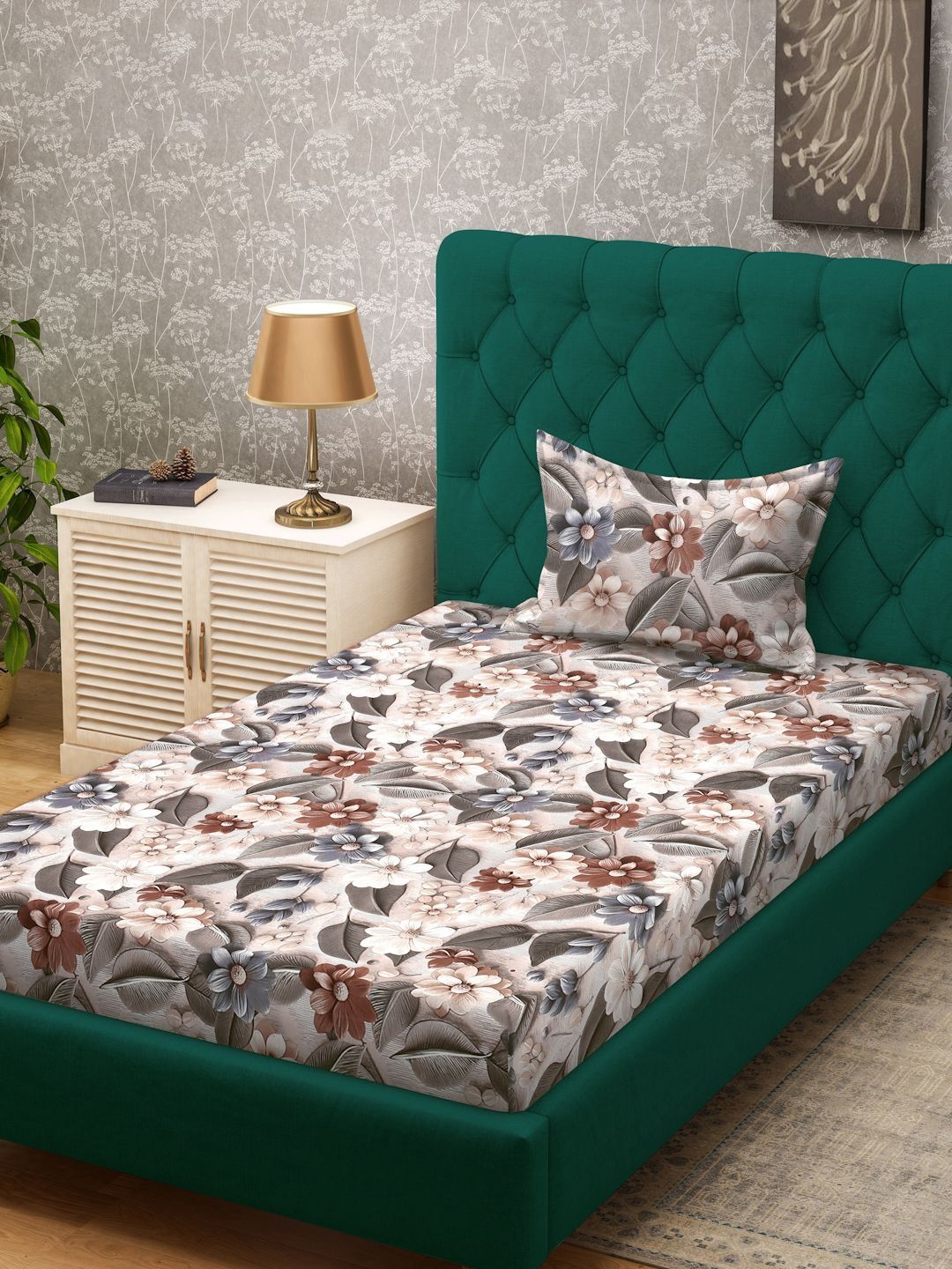 Myntra Elegant Homes Multicoloured Floral 300 TC Single Bedsheet with 1 Pillow Covers
