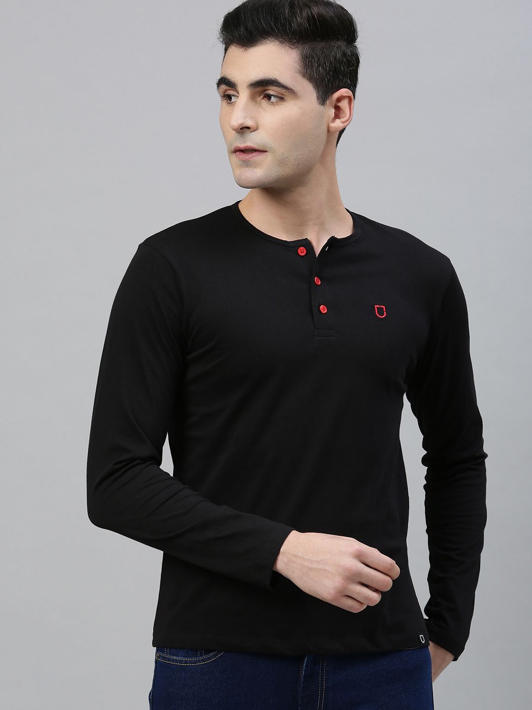 Urbano Fashion Men Black Solid Henley Neck Pure Cotton T-shirt