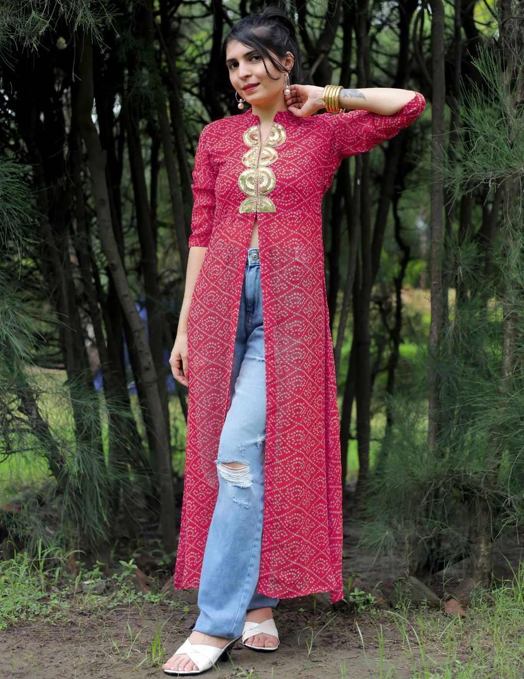 KALINI Bandhani Printed Mandarin Collar Sequins Front Slit Georgette A-Line Kurta