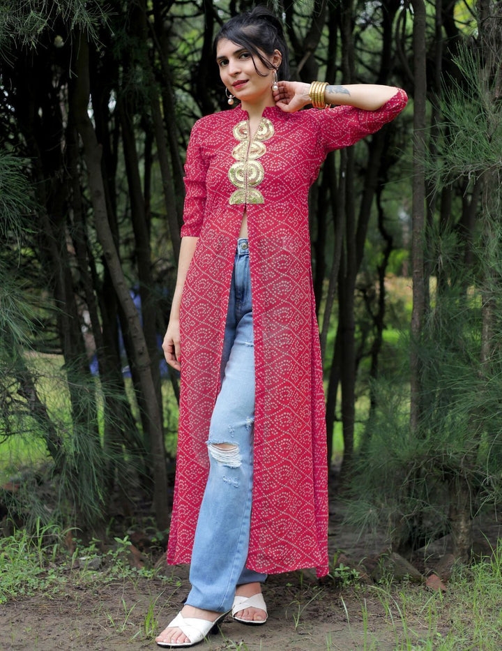 KALINI Bandhani Printed Mandarin Collar Sequins Front Slit Georgette A-Line Kurta