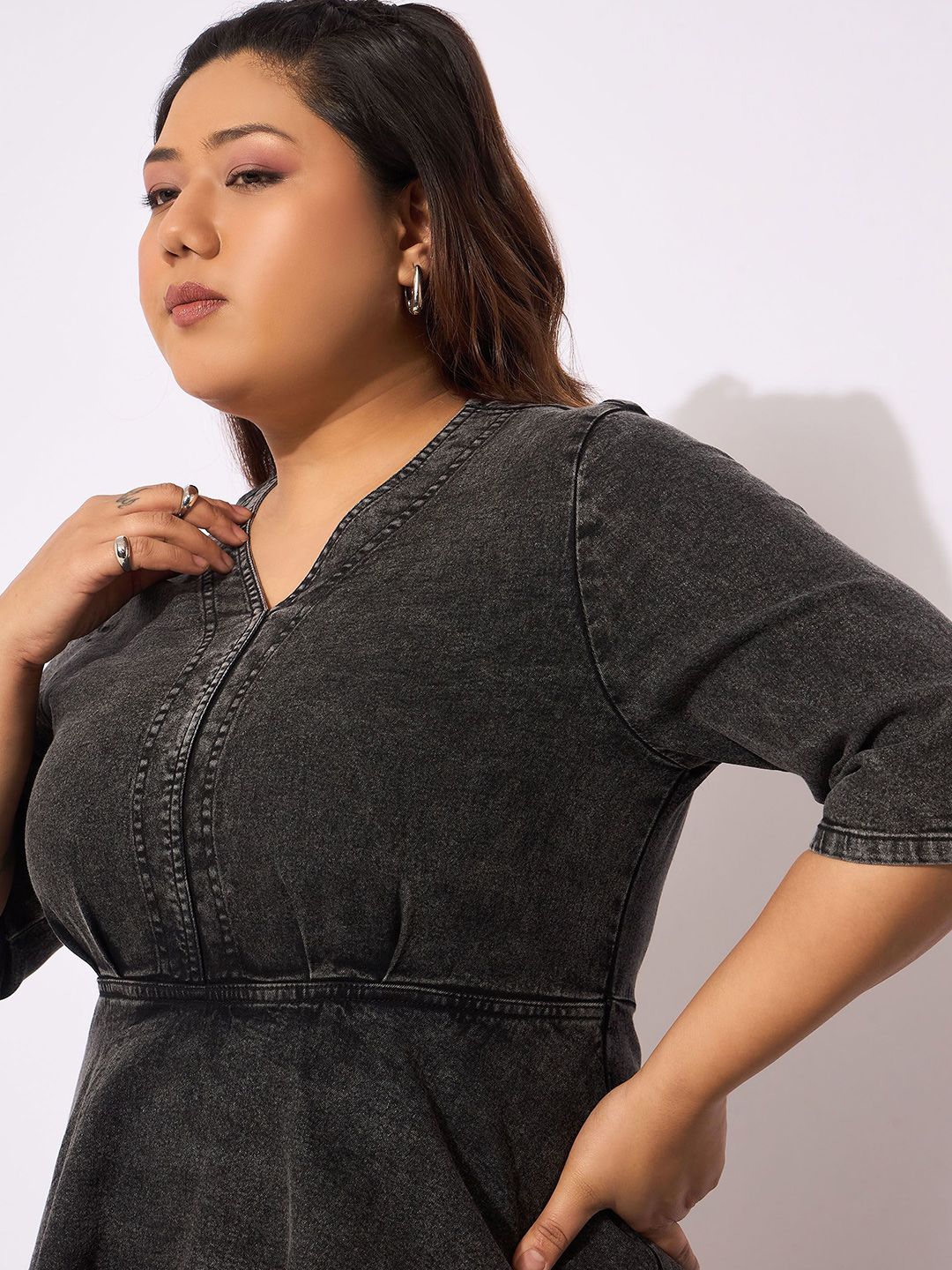 Sassafras Curve Women Denim Peplum Midi Dress