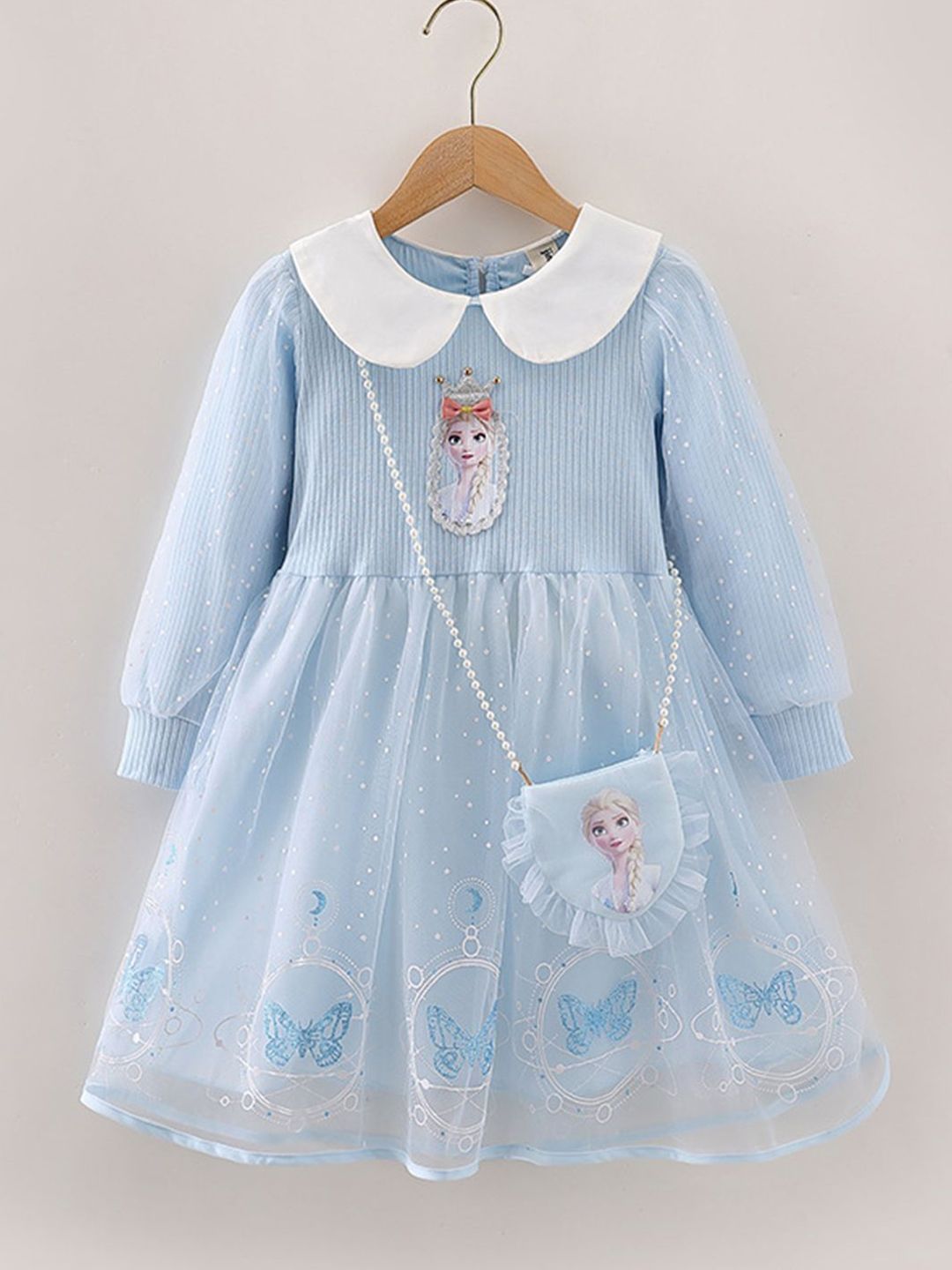 YK Girls Peter Pan Collar Puff Sleeve Fit & Flare Dress