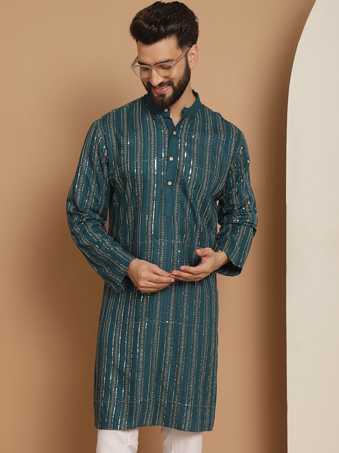 Anouk Teal Striped Band Collar Sequinned Detailed Cotton Straight Kurta