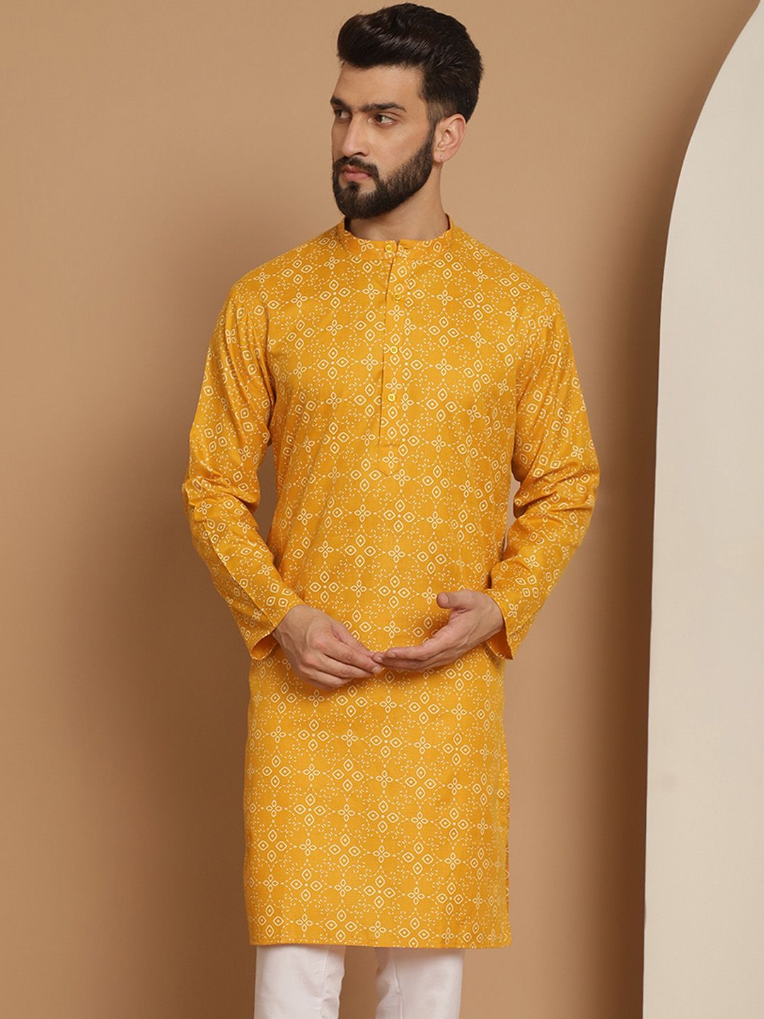 Anouk Lelaki Mustard Kuning Motif Etnik Cermin Kerja Kurta