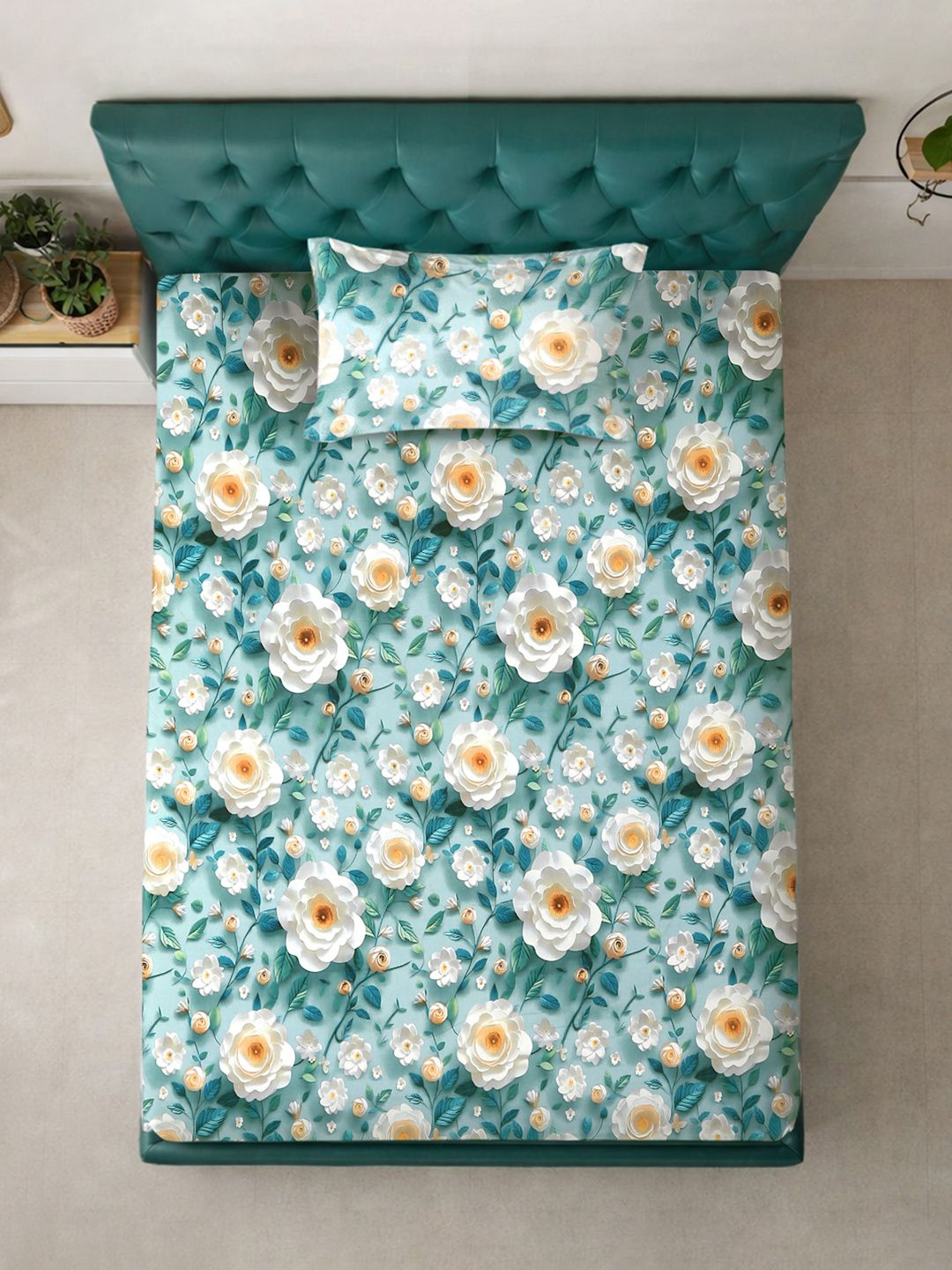 KLOTTHE Turquoise Blue Floral Printed Flat 300 TC Single Cadar 7D Dengan Sarung Bantal