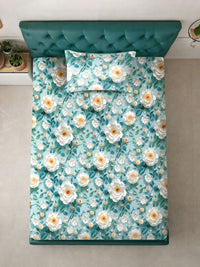 KLOTTHE Turquoise Blue Floral Printed Flat 300 TC Single Cadar 7D Dengan Sarung Bantal