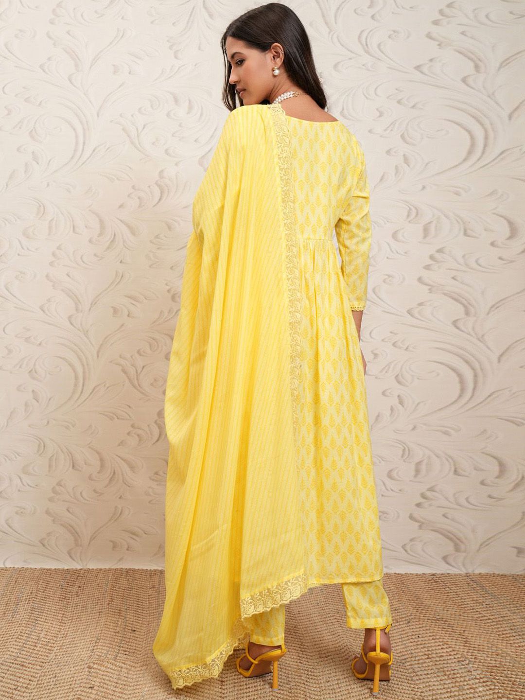 Vishudh yellow Ethnic Motifs Printed Anarkali Gathered Kurta With Trousers & Dupatta