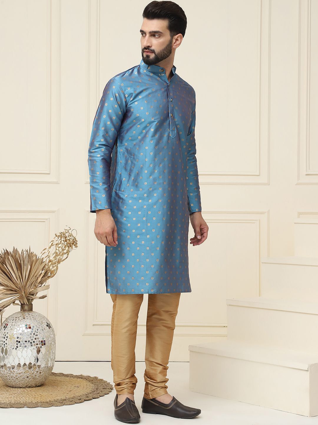 SOJANYA Geometric Woven Design Mandarin Collar Kurta With Churidar & Nehru jacket
