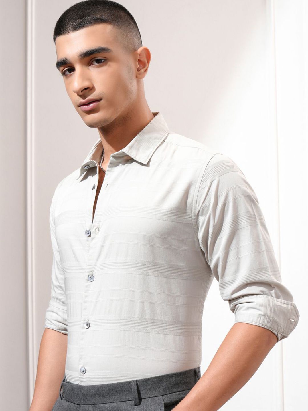 Highlander Men Dobby Textured Striped Casual Shirt