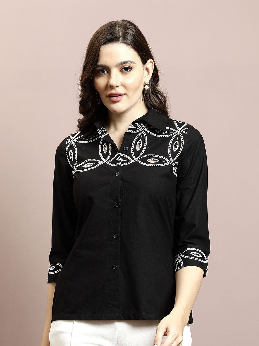 Athena Women Embellished Shirt Collar Cotton Top