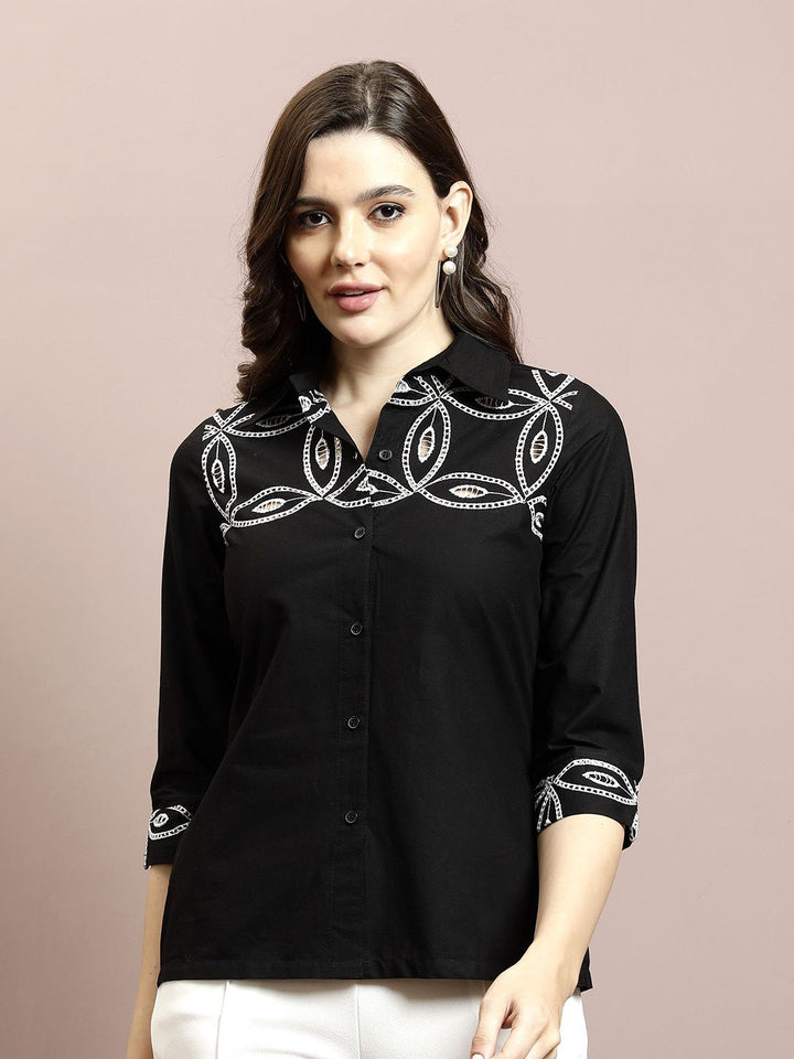 Athena Women Embellished Shirt Collar Cotton Top
