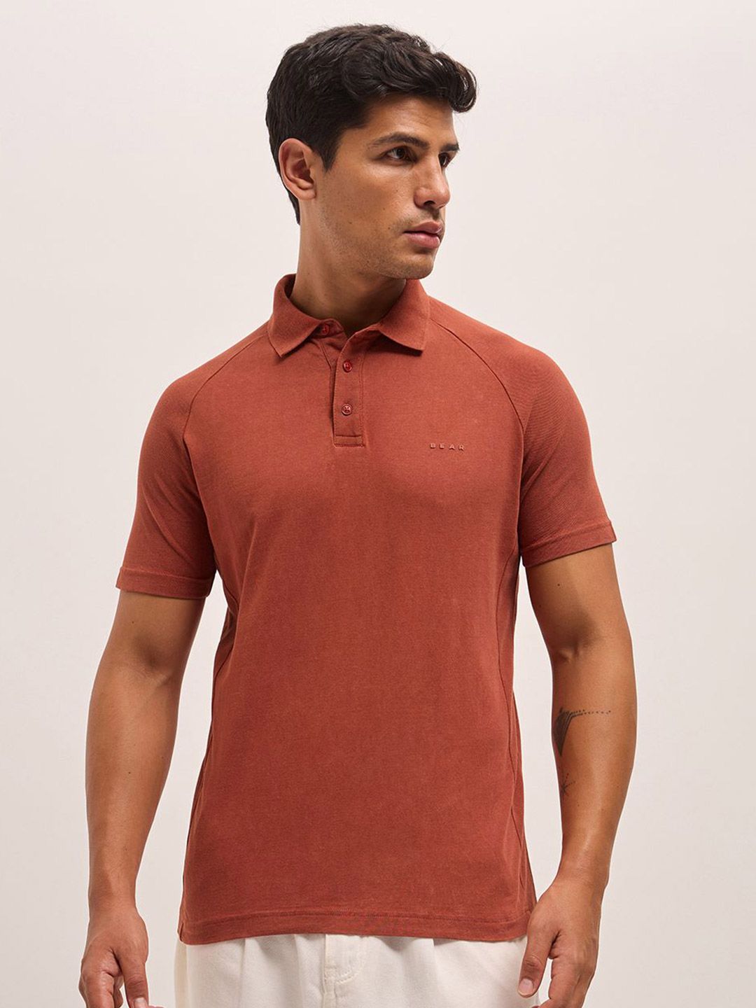 THE BEAR HOUSE Men Solid Polo Collar Pure Cotton T-shirt