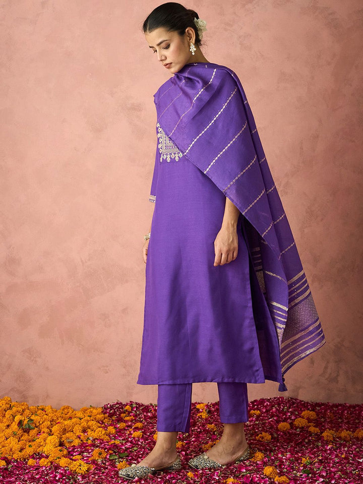 KALINI Ethnic Motifs Embroidered Straight Kurta With Trousers & Dupatta
