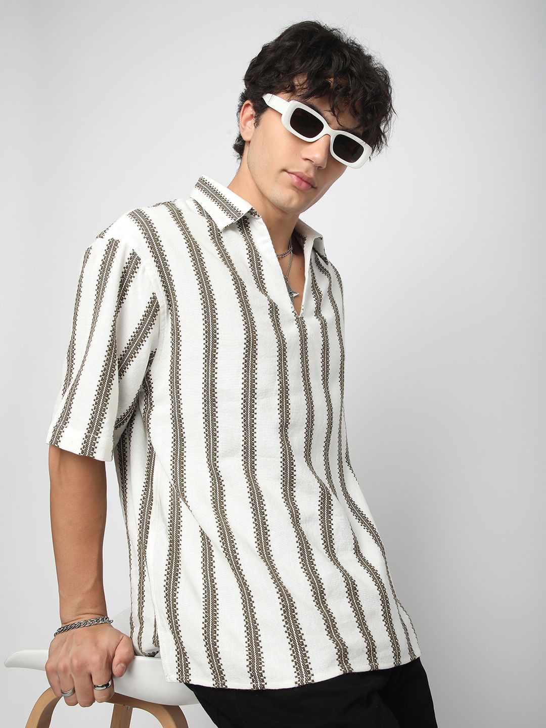 VASTRADO Men Classic Vertical Stripes Self Design Cotton Oversized Casual Shirt